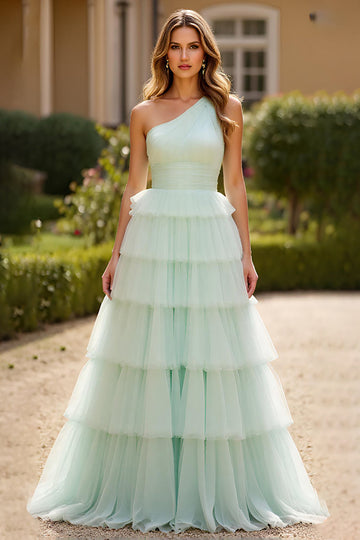 Mint Green Tulle Ball Gown Tiered Long Formal Dress with Ruffles